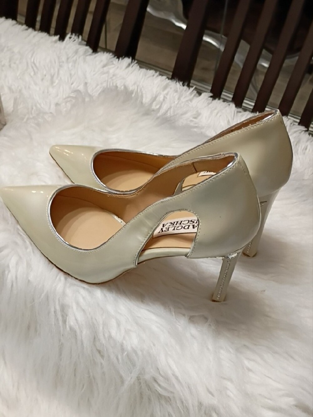 Badgley Mischka Champagne Pearlized Patent Leather Pointed-Toe Cutout Pumps - Picture 6 of 16